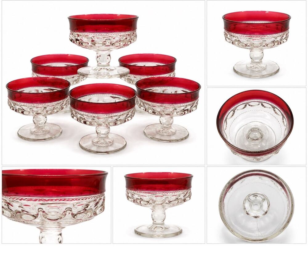 6 Vintage Tiffin Kings Crown Ruby Red Thumbprint Sherbet Dessert Glasses 3 1/8”